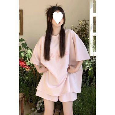 Summer Loose Short Sleeve Casual Two-Piece Set Lazy Stylish Student Towel Embroidered T-Shirt + Shorts Sports Suit For_voghion.com