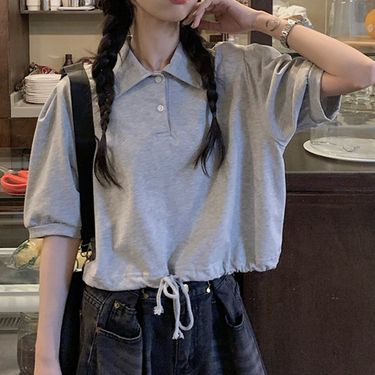 Short sleeved ins trendy women's base shirt Korean version POLO collar design sense niche gray t-shirt slimming short_voghion.com
