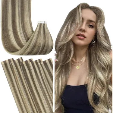 Laavoo Tape in Human Hair Extension 20Pcs Highlight Remy Real Natural Hair Straight Skin Weft Tape in Hair Extension_voghion.com