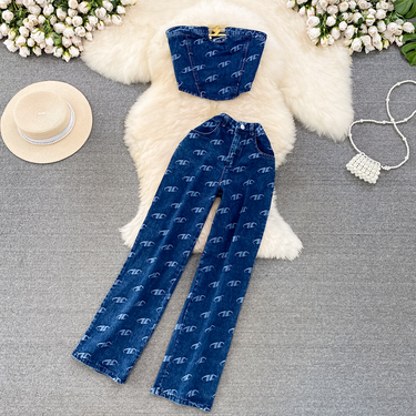 Women's American retro temperament, tube top denim vest, two-piece set, casual high-waist slim straight pants_voghion.com