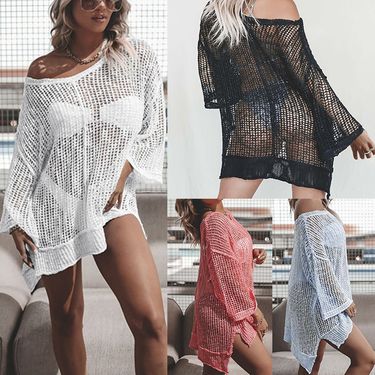 Beach Cover Up Knit Sweater – Sexy Hollow Out Bikini Swimsuit Wrap (White/Black/Light Blue/Show Red, One Size)_voghion.com