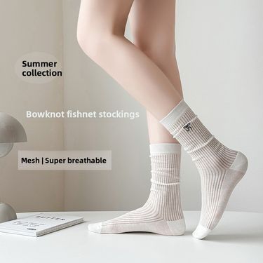 Summer Embroidered Bowknot Seamless Mesh Breathable Anti-Pilling Mid-Calf Ballet Lady Style Anti-Slip Women's Socks_voghion.com