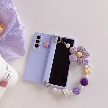For Samsung Galaxy Z Fold 6 Korea Cute Knitted Flower Wrist Bracelet Shockproof Pearl Chain Phone Case Cover_voghion.com