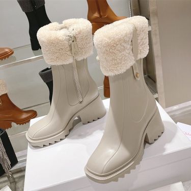 Axi Brother Same Style Fashion Rain New New Square Toe Mid-Calf Lamb Wool Thick Sole Chunky Heel Side Zipper Martin_voghion.com
