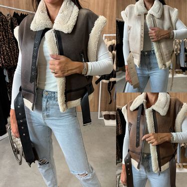 Women’s Faux Leather & Fleece Vest – Zip-Up Biker Style (S-XL, Black/Beige/Brown, Polyester-Cotton Blend, Streetwear, Machine Washable, Unisex Fit)_voghion.com