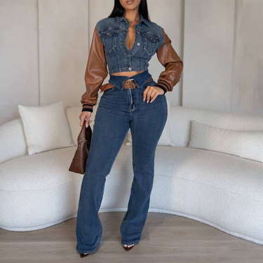 Women's Clothing Denim Suit Leather U Denim Stitching Stretch Trousers _voghion.com