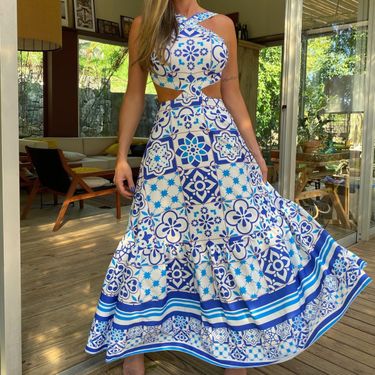 Women's Clothing Retro Printed Beach Dress One Piece Halter Neck Straps Sexy Hollow Summer_voghion.com