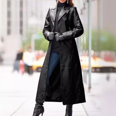 Women's Slim-Fit Button Leather Jacket – Long Coat Windbreaker (Black/Brown/Bluish/Maroon, Sizes S-4XL)_ecoleips.com