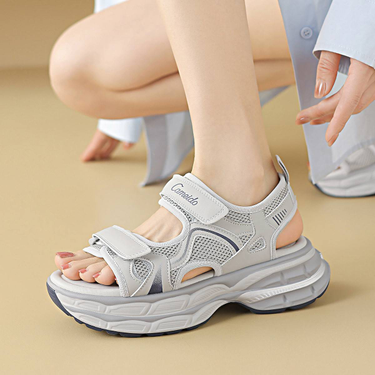 Cameido Grey Round-Toed Thick-Soled Sandals For Women's Daily Commuting_voghion.com