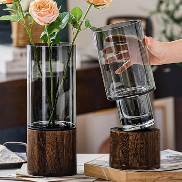 Glass Vase Ins Style Wooden Tray Light Luxury Transparent Water Growing Flowers Living Room Flower Arrangement Desktop Decorative Ornaments_voghion.com