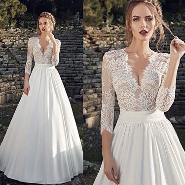 Women's Clothing High Collar Deep V Long Sleeve Lace Slim Fashion Bride Style Floor Length Wedding Dress_voghion.com