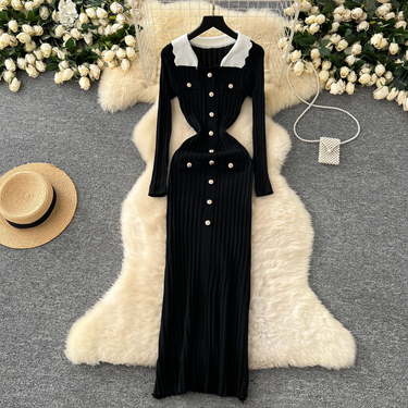Women's Clothing High End Retro Contrast Color Lapel Long Sleeves Metal Button Slim Fit Temperament Vertical Striped Knitted Dress_voghion.com