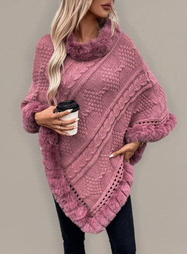 Loose large size autumn winter warm Artifitial rabbit hair collar cloak 2024 new coarse sweater coat_voghion.com
