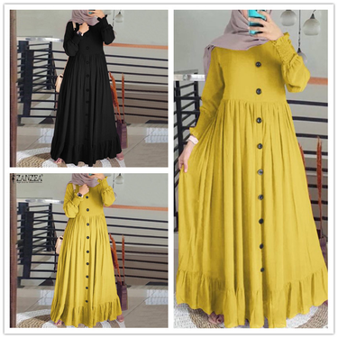 2024 Spring Autumn New Muslim Cotton And Art Casual Loose Size Round Neck Ruffled Dress_voghion.com
