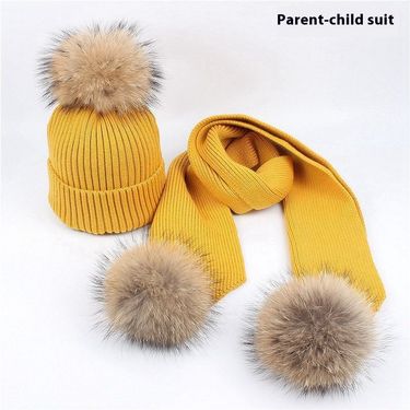 2024 New Raccoon Ball Wool Scarf Set, Trendy Women's Autumn/Winter Outdoor Warm Parent Child Hat Set_voghion.com