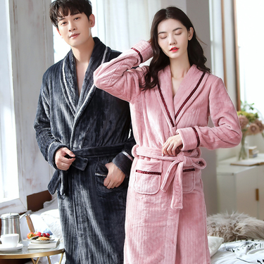 Men's coral velvet couple pajamas, nightgowns, autumn and winter thickened warm dressing gowns, hotel bathrobes, loose home clothes_voghion.com