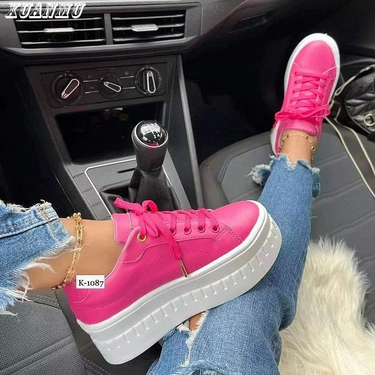 Fashion New Women Casual Shoes Lace-up Leather Casual Shoes Thick Heel Flat Vulcanize Sneaker Shoes Zapatillas Mujer A0087_voghion.com
