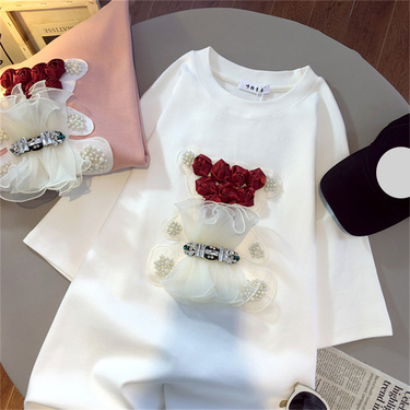 Women's Clothing High end bear niche design heavy duty short sleeved T shirt for women 2024 summer new style hot diamond top trend_viptrois.com