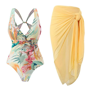 Tropical Swimwear Set Printed One-piece Swimming Costume And Lace-up Beach Dress With Bra Pads And No Bra Support_voghion.com