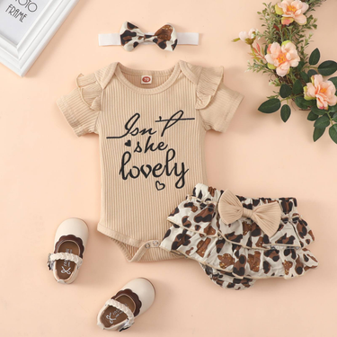 Baby Summer Hoodie Shorts Set For Girls - Short Sleeve Letter Triangle Tunic With Butterfly Knot Leopard Print Shorts Set_voghion.com