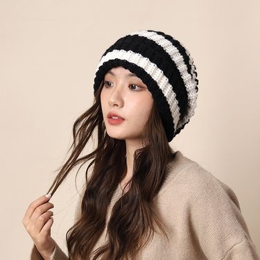 Stacked autumn and winter lazy style color blocked coarse knitted woolen women's cold men's big head circumference show_voghion.com