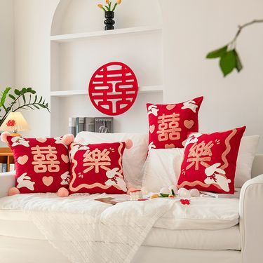 Chinese New Year Rabbit Embroidered Cushion Cover - Festive Wedding Home Decor, Red Cotton Canvas Pillowcase With Tassels_voghion.com