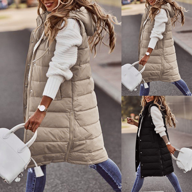 Women's Hooded single-breasted mid-length vest and cotton jacket_voghion.com