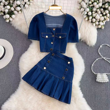 Women's Clothing hot girl square neck bubble short sleeve denim shirt two piece suit high waist pleated skirt_voghion.com