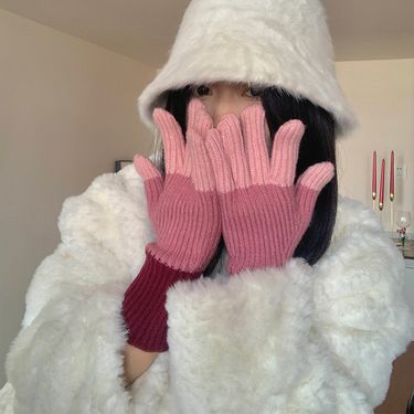 Color Block Korean Ins Wool Knitted Cute Winter Women Warm Touch Screen Five Finger Riding Gloves_voghion.com