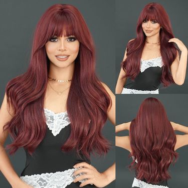 Net Red Wig Female Red Long Curly Hair Full Head Set With Bangs Wave Long Vacation Hair Wholesale Red Wigs_viptrois.com