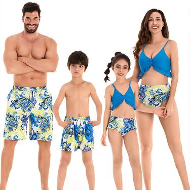 Mother & Kids European parent-child swimwear family wear new mother-daughter bikini father-son beach pants elastic waist brother and sister swimwear_voghion.com