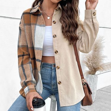 2024 New Casual Autumn Women's Long Sleeve Color Block Plaid Jacket_voghion.com