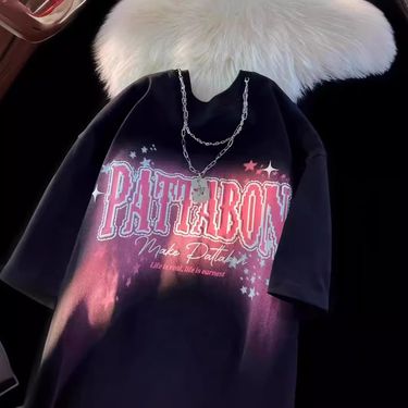 Women's Clothing retro foaming star necklace short sleeved T shirt female pure cotton heavy loose ins trendy couple half sleeved top_voghion.com