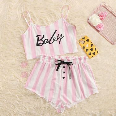 Women's Pajama Set, Sling Vest Shorts, Letter Print, Striped Women's Loungewear Set_voghion.com