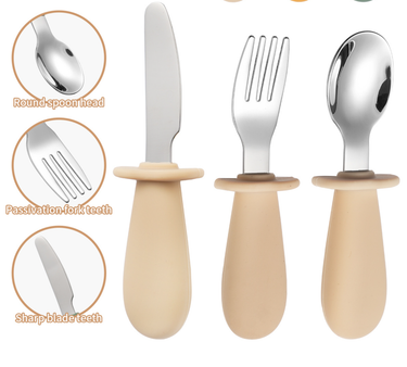 Mother & Kids Silicone Short Handle 316 Stainless Steel Children's Knife, Fork And Spoon 3 Piece Set Infant Eating Spoon Portable Tableware_voghion.com
