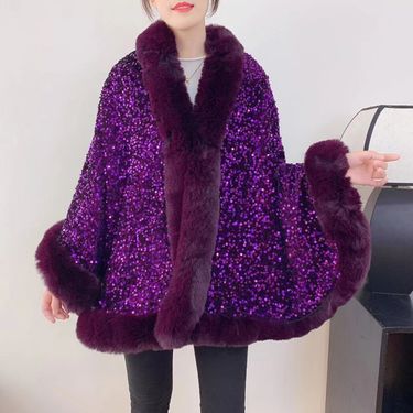 2025 Autumn/Winter New Arrival Sequined Fur Collar Velvet Lining Thickened Coat Cheongsam Shawl Fashionable Cape For Women_voghion.com