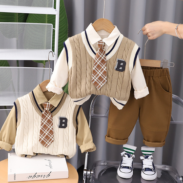 2023 Spring Autumn New Korean Children's Clothing Baby Boys and Girls College Style Knitted Vest Three Piece Set_voghion.com