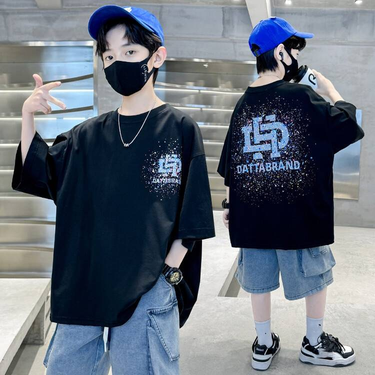 Rainbow Splash Print Cotton T-Shirt For Boys | Soft Breathable Summer Tee | Sizes 120-170cm | Art-Inspired Kids Top (Black/Khaki)_voghion.com