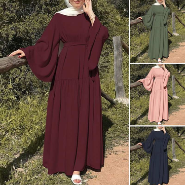 Women's Clothing O Neck Long Sleeve Muslim Women Spring Solid Color Dress Elegant Casual Kaftan Holiday Robe_voghion.com
