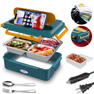 Heated Electric Lunch Box for Adults Food Warmer Without Water Injection 1.2L Removable 304 Stainless Steel Container with Fork_voghion.com