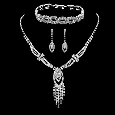 Rhinestone Jewelry Set - 3-Piece Necklace, Earrings & Bracelet, Elegant Claw Chain Design For Women_voghion.com