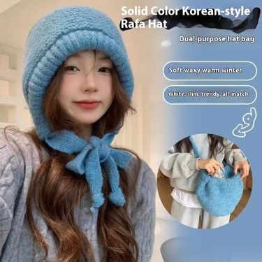 Ins Winter Warm Knitted Hat Solid Color with Velvet Thickened Women's Ear for Cold Protection_voghion.com