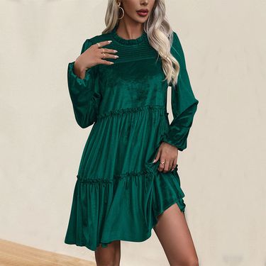 2024 New Autumn Women's Green Velvet Dress_voghion.com