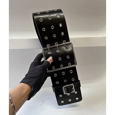 Concave shape catwalk style fashion leather extra wide belt three rows of pinhole rivets air eye belt punk fashionable and versatile_voghion.com