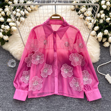 Women's Clothing Western style beaded sequined three dimensional flower shirt for women spring new style perspective mesh French top_voghion.com