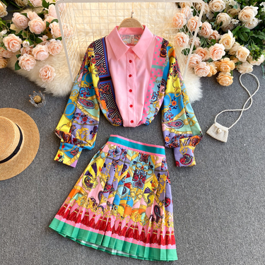 women's Bohemian exotic printed lapel puff sleeve shirt for women high waist slim slim skirt suit for women_viptrois.com