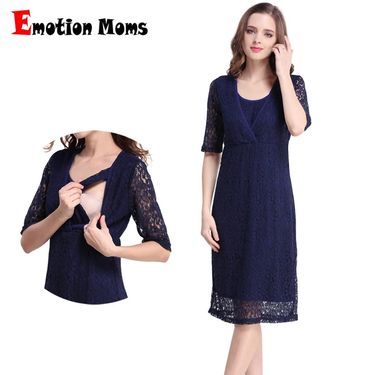 Lace breastfeeding summer mid sleeved V-neck temperament dress, solid color large hollow out maternity skirt version_voghion.com