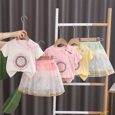 Girls' Suit 2024 Children's Cute and Fashionable Baby Summer New Chinese sleeved Short Skirt Two Piece Set_voghion.com