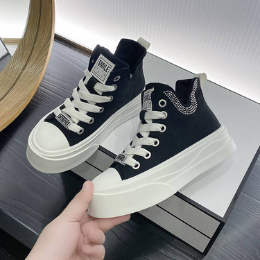Round head sponge bottom canvas high top single shoes women's new network red casual fashion flat shoes_voghion.com