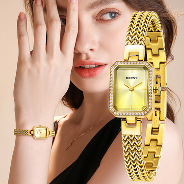 BERNY Gold Watches For Women Dainty Luxury Diamond Rectangular Stainless Steel Bracelet Watch Waterproof Minimalist Ladies Analog Quartz Wrist Watch_voghion.com